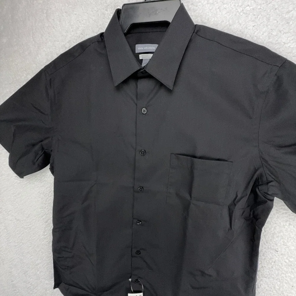 Van Heusen Men Regular Fit Wrinkle Free Short Sleeve Button Shirt Black 15.5
